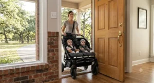 Narrow side-by-side double stroller for twins fitting through a standard American doorway.