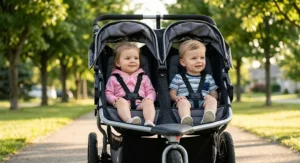 Two toddlers securely buckled into a jogging double stroller with 5-point harnesses