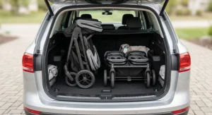 Folded tandem double stroller and side-by-side stroller packed inside the trunk of an SUV.