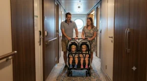Parents pushing a side-by-side compact double stroller through a narrow cruise ship hallway.