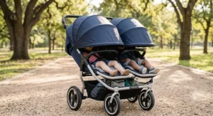 Extended UPF 50 sun canopies on a side-by-side double stroller with equal-size seats protecting children in bright sunlight.