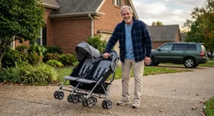 Grandfather demonstrating the one-handed quick fold on a lightweight double umbrella stroller
