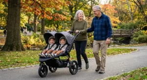 Grandparents enjoying a walk with an ergonomic lightweight double stroller offering smooth suspension