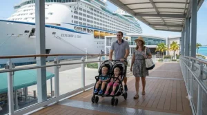 An American family disembarking a cruise ship using a smooth-rolling compact double stroller.