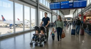 Family walking through the airport with a travel double stroller that fits in overhead compartments.