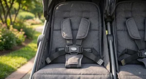 Padded five-point safety harness system secured on a child seat in a lightweight double stroller under $200