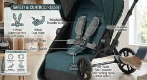 Close-up diagram of 5-point safety harness straps and foot-operated rear parking brake on a double stroller.
