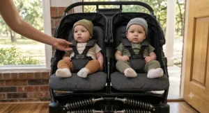 Adjustable five-point safety harness secured on toddlers sitting in a side-by-side double stroller.