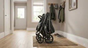 Self-standing lightweight double stroller neatly stored in a home entryway after one-hand folding