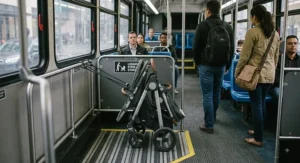 A compact folded tandem double stroller stored safely in the designated luggage area of a public city bus.