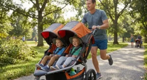 Hand-operated deceleration brake on a jogging double stroller for running with twins down a hill