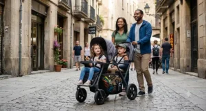 All-terrain travel double stroller holding two older kids while maneuvering smoothly over a cobblestone street