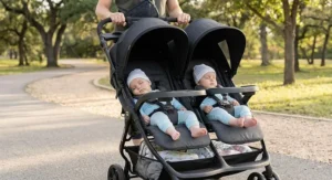 Twin infants sleeping comfortably in independently reclining seats of a side-by-side double stroller.