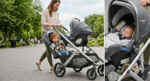 Newborn infant car seat safely attached to the front frame of a tandem double stroller with toddler in back