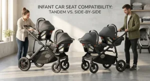 Double stroller configurations showing two infant car seats attached in tandem and side-by-side models.
