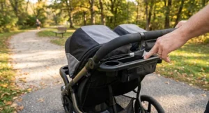 Ergonomic handlebar and hand brake controls on a high performance double jogger stroller