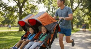 Jogging double stroller for running with twins featuring UPF 50 sun canopies