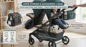 Illustration highlighting an extra-large under-seat storage basket with a diaper bag and parent cup holder accessories.