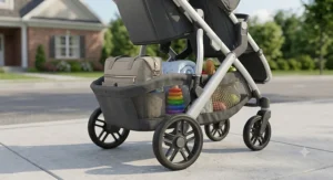 Spacious under-seat storage basket filled with a diaper bag and baby supplies on a tandem double stroller