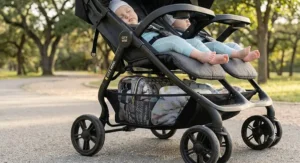 Spacious under-seat storage basket holding diaper bags on a double stroller for twins under $400.