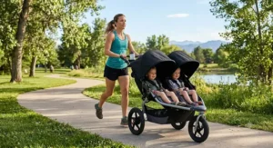 Mom running with a lightweight double jogger stroller featuring adjustable sun canopies