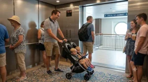 A compact double stroller fitting easily inside a busy cruise ship elevator with passengers.