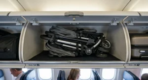 A lightweight double stroller folded compactly into an airplane overhead bin for easy air travel.