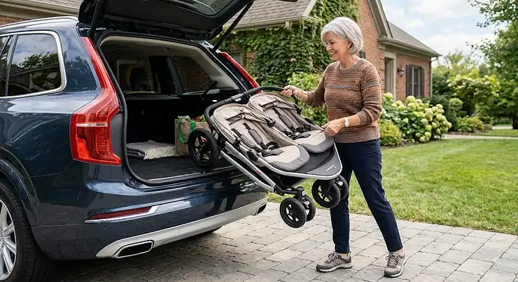 Grandmother easily lifting a lightweight double stroller into the trunk of an SUV lightweight double stroller for grandparents