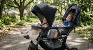 Two young grandchildren sleeping peacefully in a fully reclining lightweight double stroller