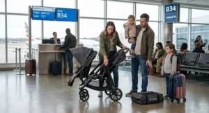 Family at an airport gate folding their lightweight double stroller with one hand before gate checking