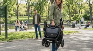 Parent carrying a folded lightweight double stroller by its integrated handle after using the quick one-hand fold