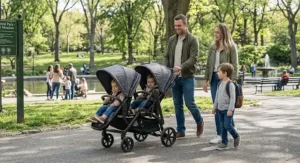 Dad pushing twins in a lightweight double stroller designed for quick one-hand folding during trips to the park