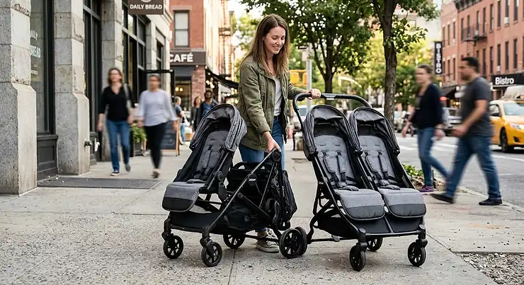 Parent effortlessly collapsing a lightweight double stroller with a one-hand folding mechanism on a city sidewalk