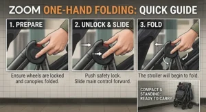 Step-by-step diagram showing how to operate the one-hand folding mechanism on a lightweight double stroller