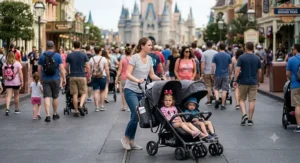Mom pushing a lightweight double stroller for toddlers and preschoolers down a crowded theme park walkway