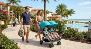 Family pushing a lightweight double stroller with large sun canopies at a sunny vacation resort after landing.
