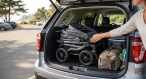Folded lightweight double stroller under $200 fitting easily into an SUV trunk for family road trips