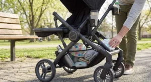 Close-up of the spacious underseat storage basket and parent cup holders on a double travel stroller.