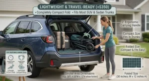 Folded lightweight tandem double stroller fitting easily into an SUV car trunk for travel.