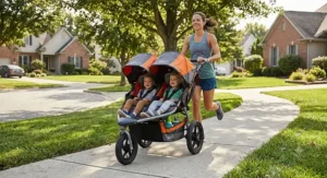 Mom using a lightweight jogging double stroller for running with twins along a suburban sidewalk