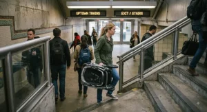 A parent carrying a lightweight folded tandem double stroller up public transit subway stairs.