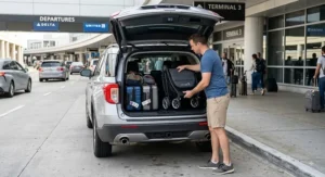 Loading a folded lightweight double stroller into an SUV trunk for a hassle-free trip to the airport.
