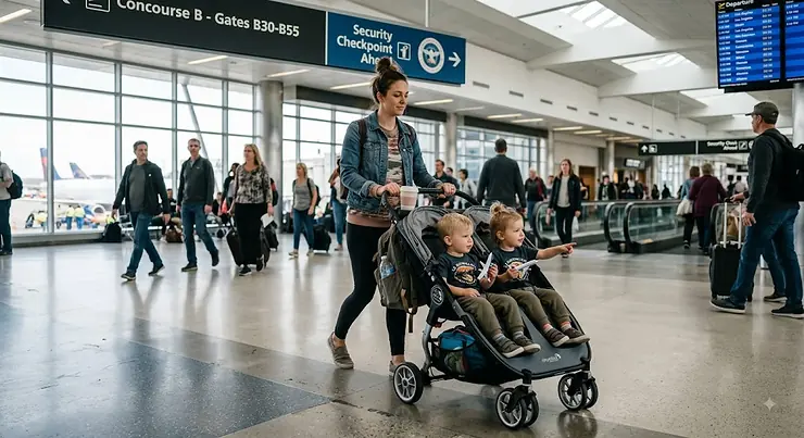 A mother navigating a crowded US airport terminal with twins in a lightweight double stroller.