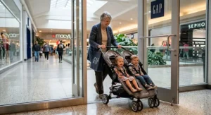 Grandmother pushing a narrow lightweight double stroller through a doorway while shopping