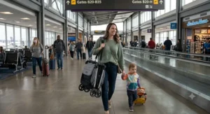 Parent comfortably carrying a lightweight folded double stroller through a busy airport terminal.