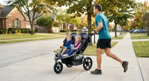 Dad jogging with two kids in a double stroller along a suburban sidewalk