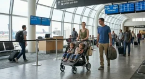 Parents maneuvering a sleek travel double stroller through a busy American airport terminal.