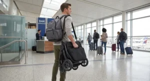 Parent carrying a compact folded side-by-side double stroller using the built-in carry strap.