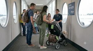 Parents receiving their gate-checked double stroller on the jetbridge immediately after exiting the flight.