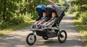 Side-by-side double jogging stroller for twins parked outdoors on a paved path
